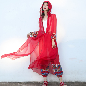 红色防晒开衫女夏季长款连帽民族风旅游拍照套装雪纺外搭薄款外套