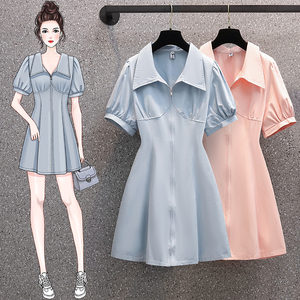 2022流行粉色裙子女夏季设计感小个子polo领泡泡袖法式时尚连衣裙