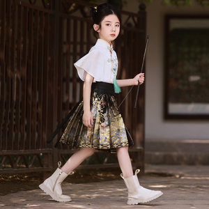 新中式女童套装马面裙2024新款夏季短款儿童古风汉服国风古装唐装