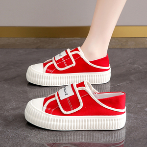 红色帆布鞋女夏季透气学生百搭配裙子魔术贴一脚蹬休闲小白板鞋子