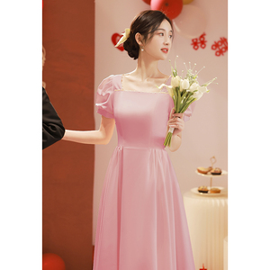 简约粉色晚礼服日常可穿夏季高级感伴娘服订婚连衣裙party公主裙