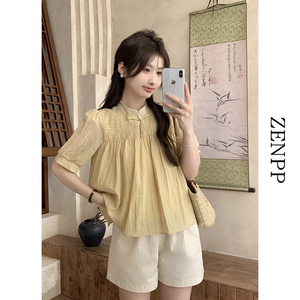 新中式国风黄色雪纺泡泡袖短袖衬衫女夏季甜美短款蓬蓬上衣娃娃衫