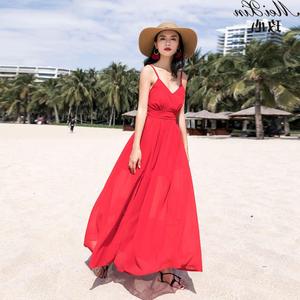 红色吊带开叉雪纺露背露肩波西米亚连衣裙海边度假沙滩裙修身显瘦