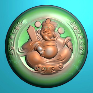 财神爷精雕图圆牌人物坐财神祥云挂件发财玉雕图浮雕jdp灰度bmp