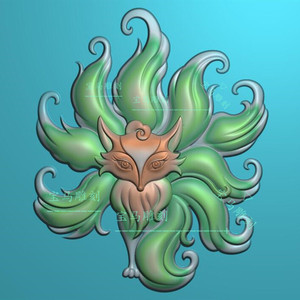 精雕图狐狸九条尾巴电脑机雕图动物玉雕图九尾狐