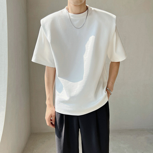 二本针垫肩t恤男夏季精梳棉小领口短袖设计感小众高级感正肩半袖