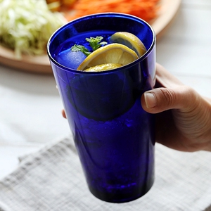 美国进口克莱因蓝色玻璃杯美式杯子大口径纯色大容量中古杯高颜值