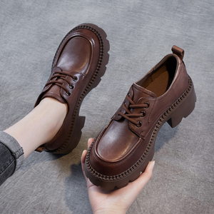 棕色宽头小皮鞋厚底高跟乐福鞋粗跟单鞋女英伦风2022春季新款系带