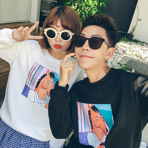 秋冬季男女新款长袖加厚加绒卡通马头马脸印花卫衣外套头情侣装潮