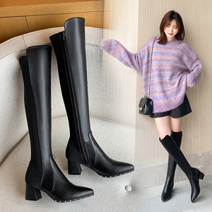 长靴女过膝靴子2020新款冬季尖头加绒显瘦女靴高筒靴高跟长筒皮靴