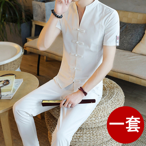 中式唐装套装中国风男装夏季棉麻短袖T恤古装汉服V领外套男中山装