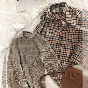 细格子衬衫女复古春季