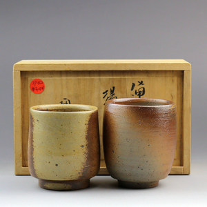 日本备前烧名家陶弘作/柴烧窑变粗陶茶具茶杯夫妻杯品茗杯jp352