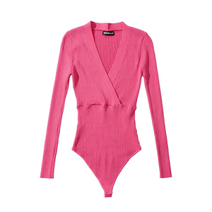 女性感交叉v领长袖连体衣修身显瘦连裆暗扣针织打底衫三角裤上衣