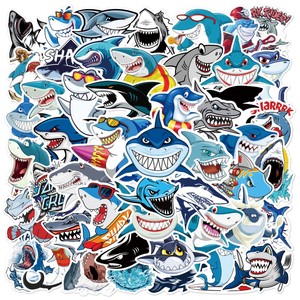 50张卡通大鲨鱼海洋动物贴纸笔记本手机壳水杯行李箱diy防水装饰