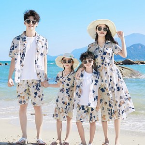母女沙滩连衣裙海边度假时尚夏大码宽松父子套装亲子家庭装女童裙
