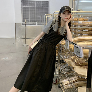 赫本风假两件套连衣裙女夏季2024新款韩版气质收腰显瘦中长款裙子