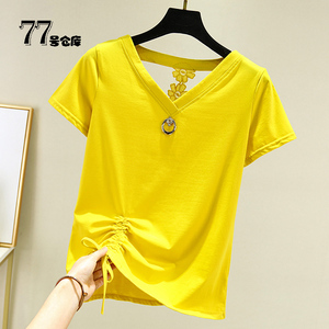 纯棉抽绳V领短袖t恤夏季女装2024年新款潮韩版露背半袖黄色上衣服
