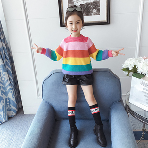 网红女童2020冬装新款女孩韩版彩虹套头毛衣中大童加厚加绒针织衫