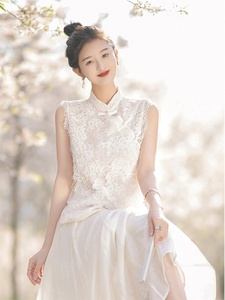 新中式国风盘扣短袖雪纺蕾丝衬衫女夏季新款超仙甜美绝美无袖上衣