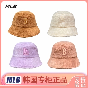 韩国mlb渔夫帽羊羔毛绒女专柜代购秋冬时尚款保暖大檐显脸小帽子