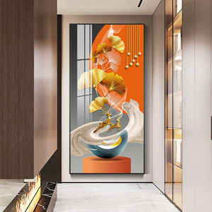 锦杏福禄现代轻奢玄关装饰画竖版麋鹿大幅走廊过道壁画银杏叶挂画