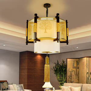 现代中式吊灯实木客厅吊灯复古典羊皮餐厅酒店茶楼阳台中国风灯具
