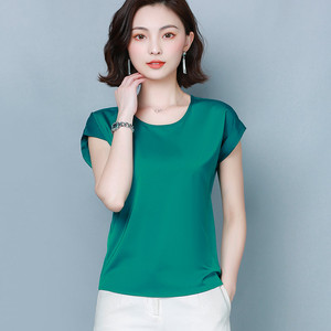 配阔腿裤真丝上衣女宽松白色洋气桑蚕丝t恤女短袖时尚小衫t桖短款