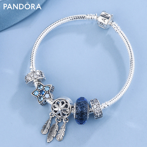 pandora潘多拉925纯银手链女星愿闪耀手镯串珠 蛇骨蓝色海洋之心