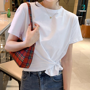 纯棉白色短袖t恤女夏季掐腰卡腰小衫洋气收腰小个子高腰短款上衣