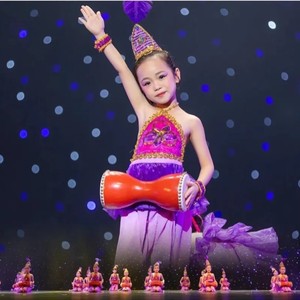 抖音紫金舞蹈演出服儿童西夏鼓娃表演服装腰鼓新疆维吾尔族舞衣服