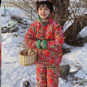 东北大棉袄女大花布套装红配绿棉服花棉袄网红同款民族风碎花花袄