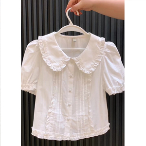 白色娃娃领短袖衬衫2024新款女夏法式甜美设计感木耳边泡泡袖上衣