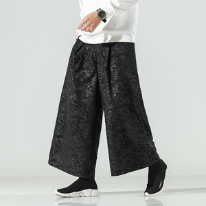 秋季复古中国风暗纹印花阔腿裤宋裤男超大码胖腿裤裙裤晨练太极裤