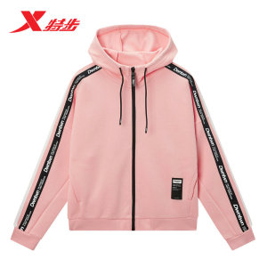 特步运动外套女2021春新款潮流串标针织运动夹克连帽女士休闲上衣