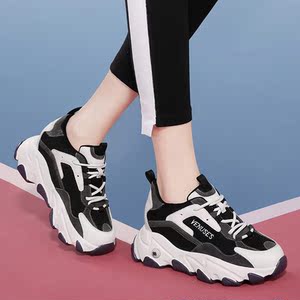 七匹狼全黑色老爹鞋女2021年新款真皮透气网面网纱运动鞋厚底休闲