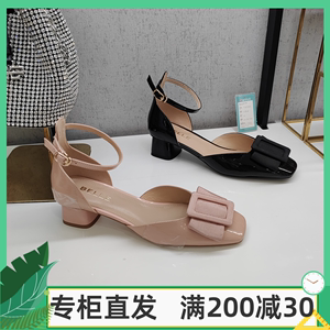 Z5X1D 百丽蝴蝶扣包头凉鞋2023年夏国内代购牛皮粗跟法式优雅女鞋