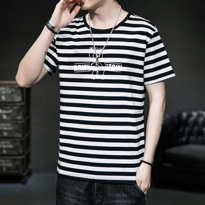 黑白条纹短袖t恤男装夏季冰丝光棉半袖潮流小熊印花上衣服海魂衫