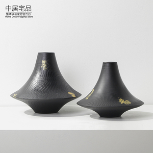 新中式手绘描金雕刻纹理陶瓷花器摆件软装空间设计样板房间装饰品