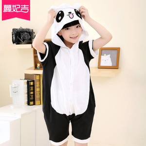 熊猫儿童卡通动物纯棉短袖连体睡衣夏薄款男女童可爱亲子家居服