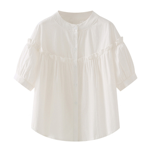 艾格泡泡袖娃娃衫上衣女短袖2024夏季新款小个子韩版宽松减龄衬衫
