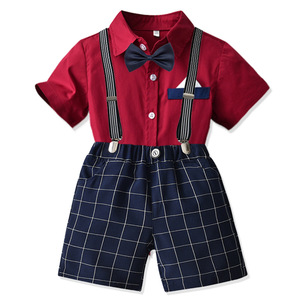 儿童短袖领结衬衫背带裤套装夏天男童宝宝红色生日宴会礼服小西服