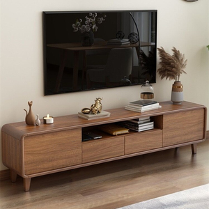 现代简约实木腿电视机柜客厅家用落地地柜中式小户型影视柜胡桃色