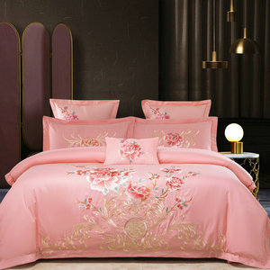 结婚庆全棉家纺四件套纯棉大红粉色绣花被套罩床单婚房新中式床品