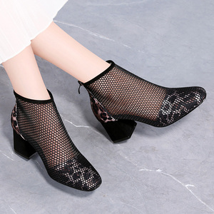 名兰百丽高跟鞋粗跟凉鞋2021新款春方头百搭中跟单鞋镂空网纱女鞋
