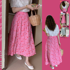 粉色碎花半身裙女夏薄款设计感小众百褶裙中长款高腰显瘦a字长裙