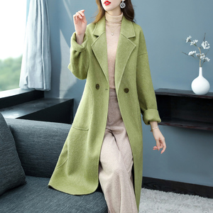 宅织女淘宝秋冬装孤品复古古着vintage芥末绿风衣款西装领双排扣毛