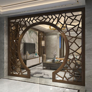 新中式月洞门实木隔断玄关客厅仿古花型月亮门弧形屏风圆拱门定制