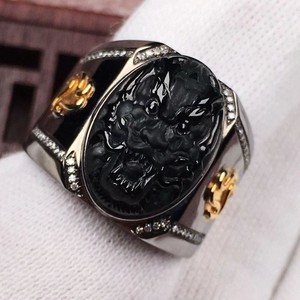 18k真金真钻镶嵌缅甸墨翠威武龙头男戒墨翠男戒天然墨翠戒指男士