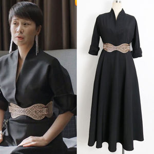 海青明星同款小欢喜海清童文洁明星同款连衣裙黑色v领中长款收腰.